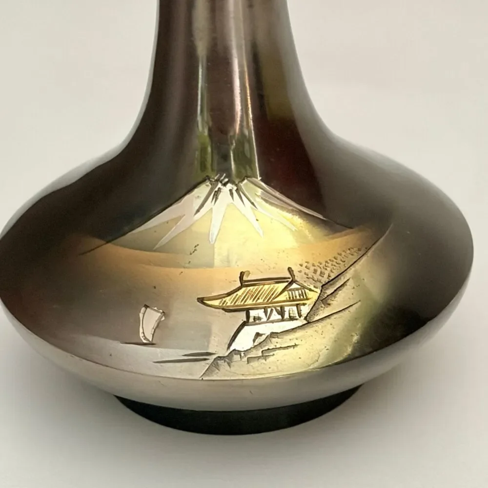 Japan Mixed Metal Bud Vase Etched Mt Fuji Pagoda Scene 4.5 Inch